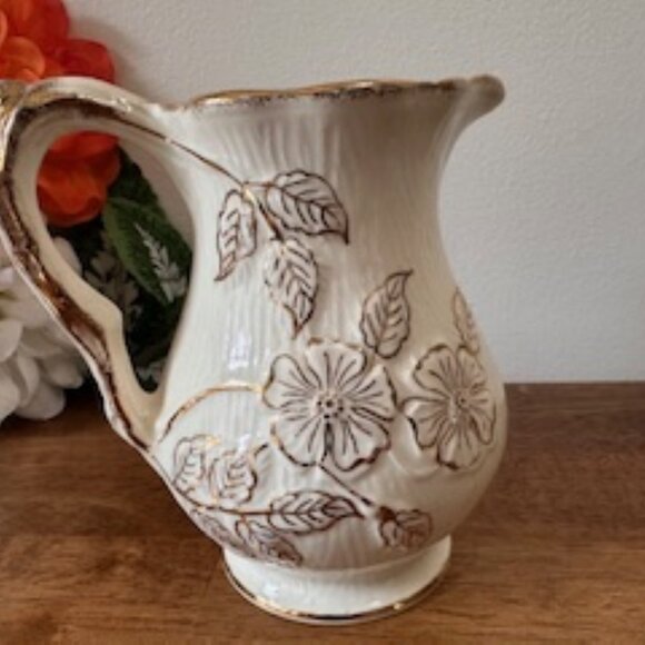 Vintage James Kent Ceramic Floral Pitcher Vase English Cottagecore Jug Gold - Picture 8 of 10